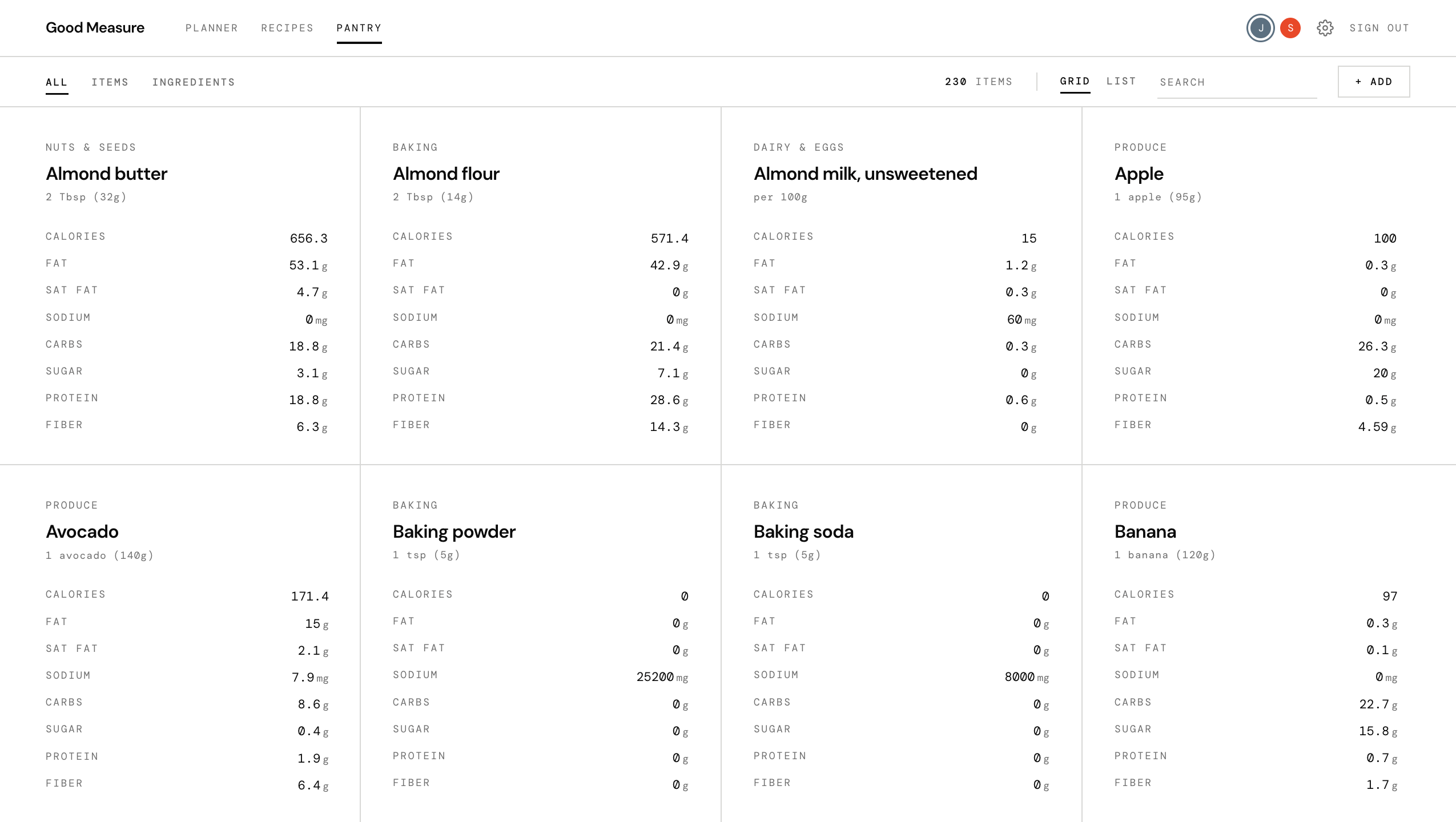 Good Measure pantry — grid of ingredients with full nutrition per serving