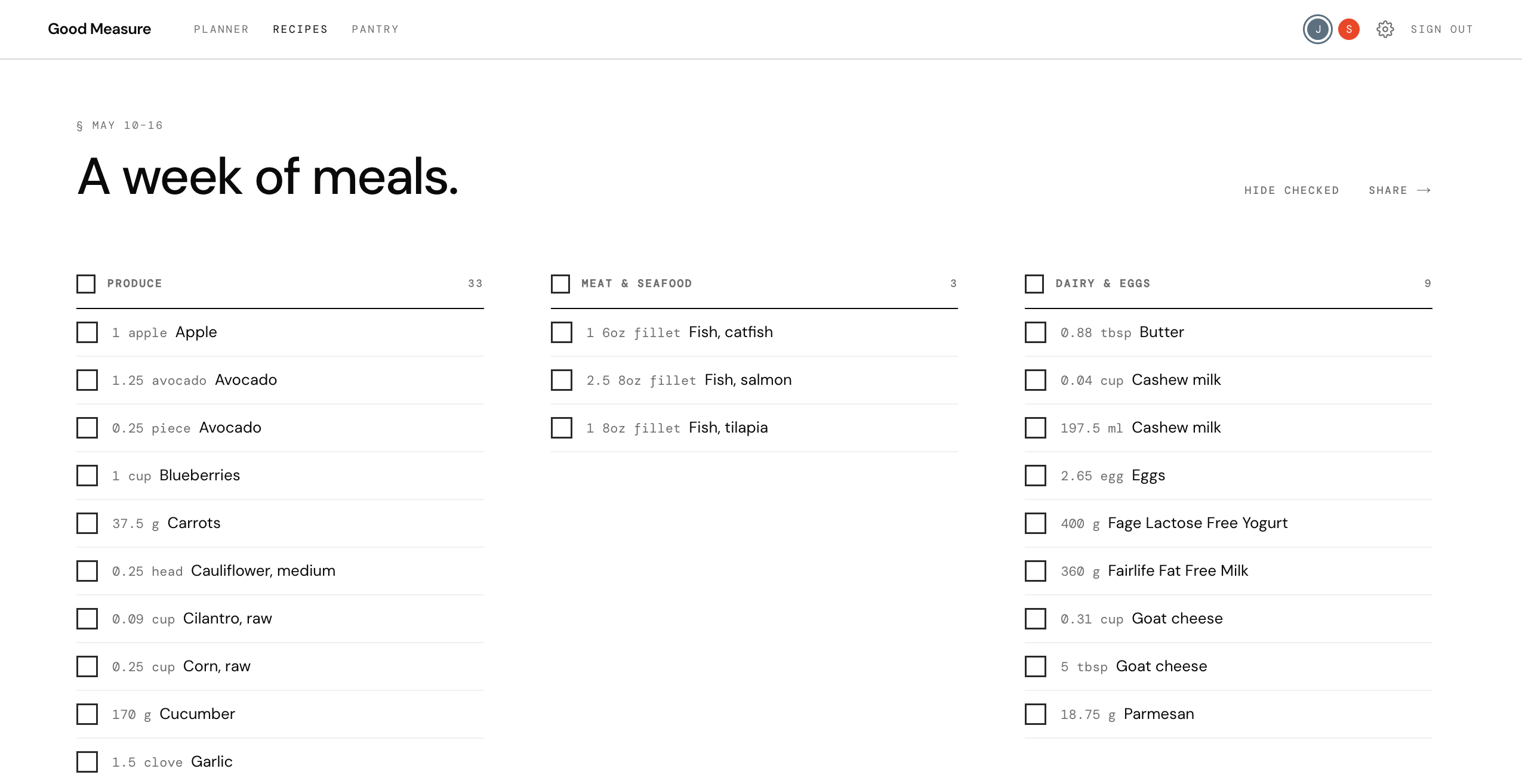 Good Measure shopping list — produce, meat, and dairy grouped by store section