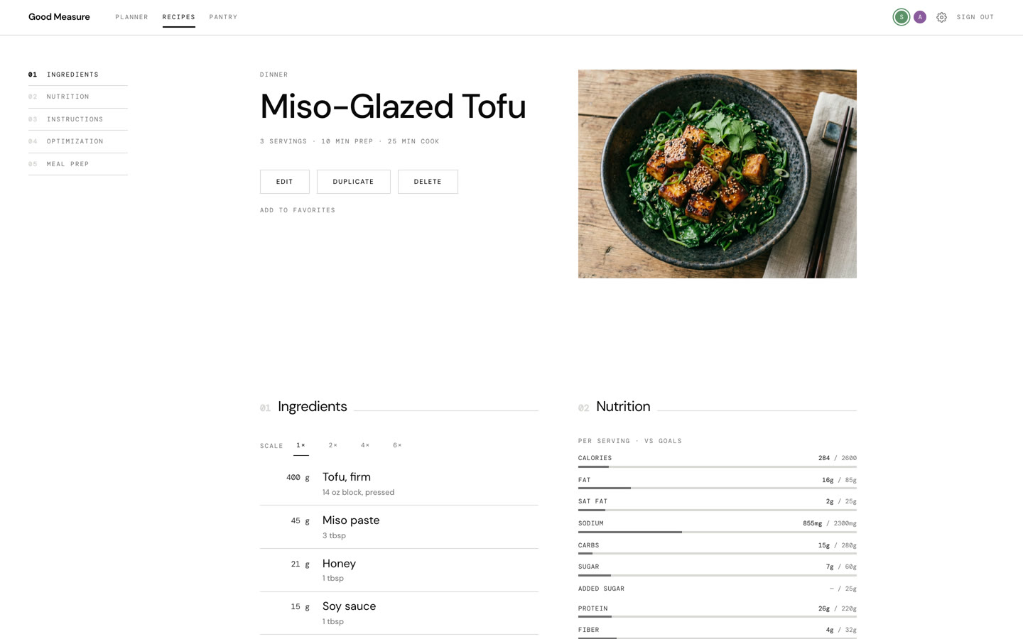 A recipe as written, with its nutrition calculated live