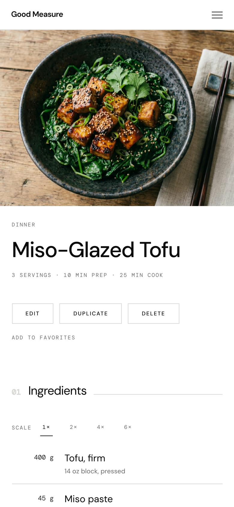 A recipe as written, with its nutrition calculated live