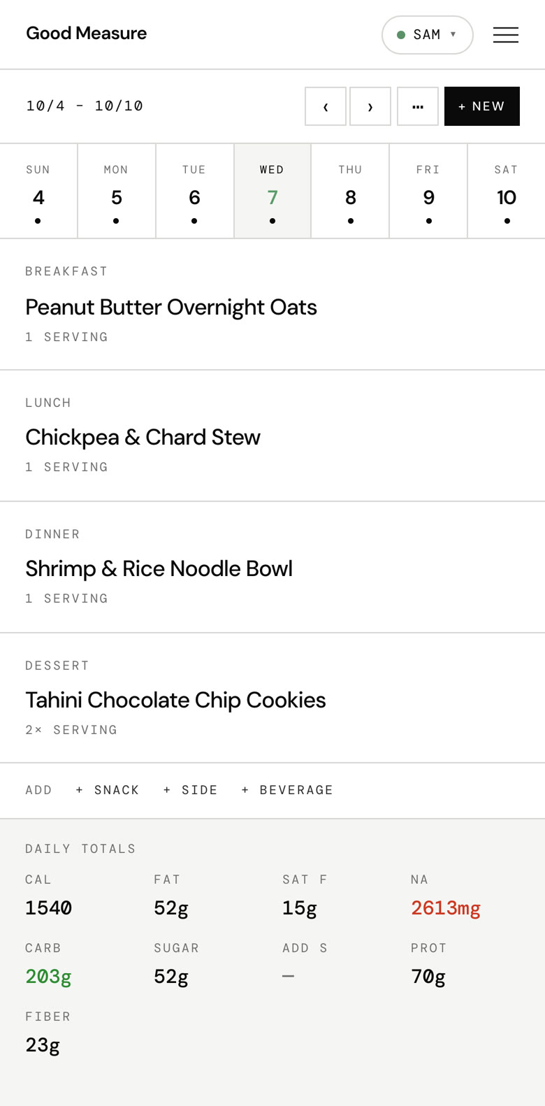 A planned week of meals with daily totals